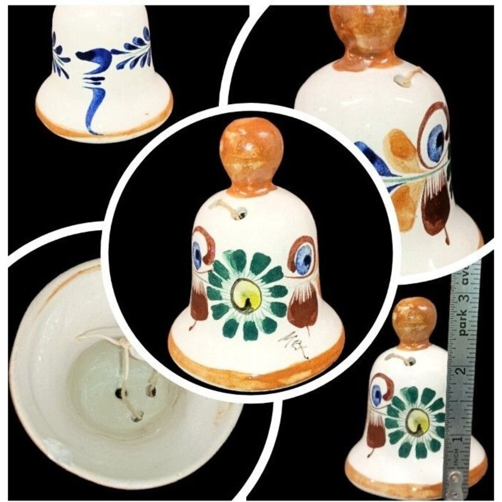 Mexican Hand Painted POTTERY BELL Signed VINTAGE Terra Cotta Adobe 3" Small Chip